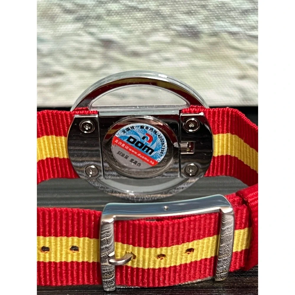 🎁DOM Minimalist Transparent Dial Watch Red Yellow Striped Nylon Strap